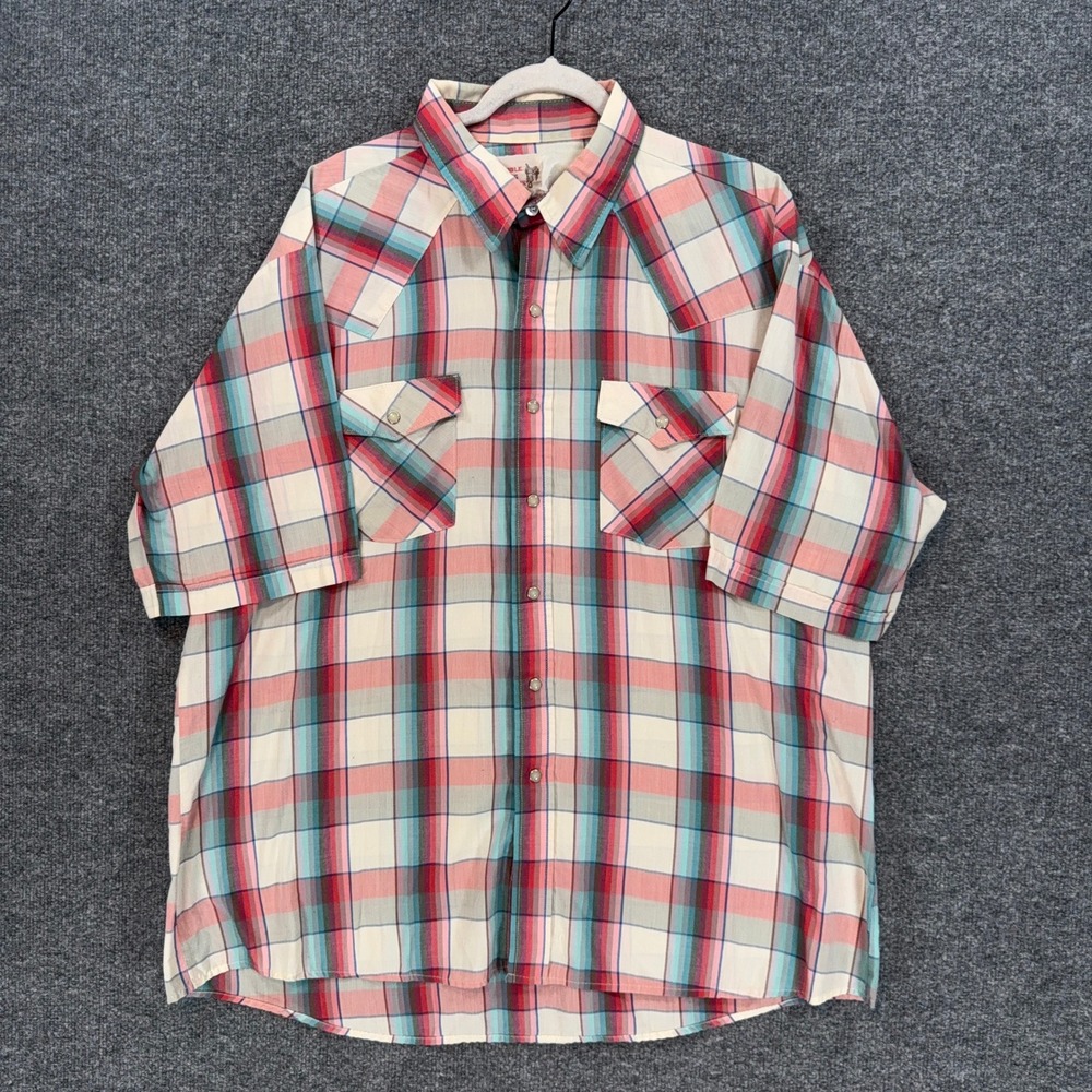 Saddle King Western Shirt Mens XL Multicolor Plaid Pearl Snap Short Sleeve Vtg